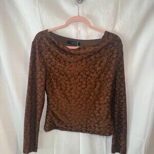 ZESICA Brown Floral Lace Long Sleeve Top – Size M